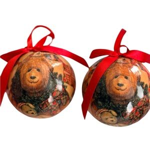 Festive Teddy Bear Holiday Ornaments with Red Ribbon vintage decoupage